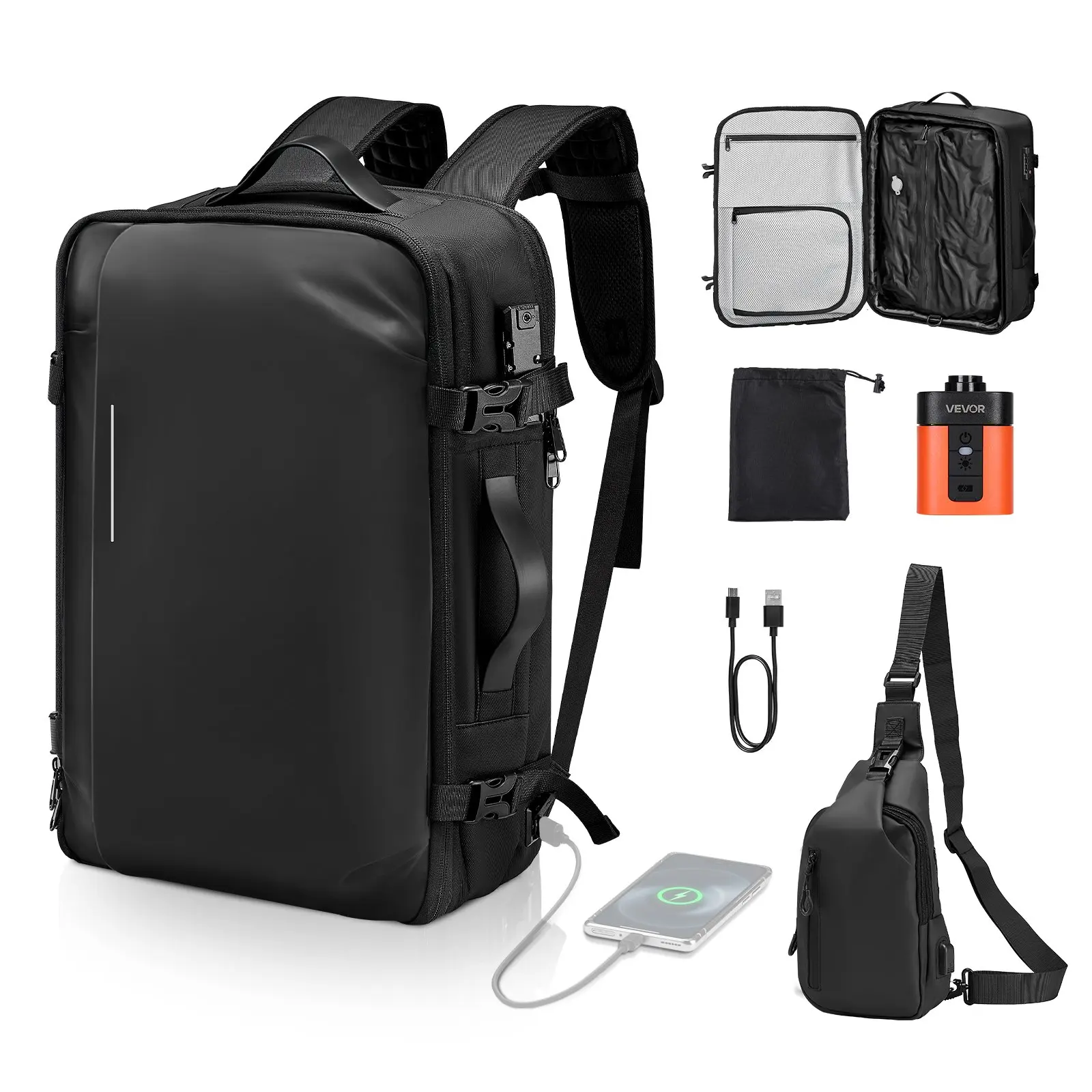 【DealsForYouDays】VEVOR 65L Expandable Vacuum Seal Compression Travel Backpack with Vacuum Pump, TSA Lock, Multi-Compartment, Water-Resistant Airback Vacpack, Business-Ready Carry-On Luggage for Business, Daily Commute, Black