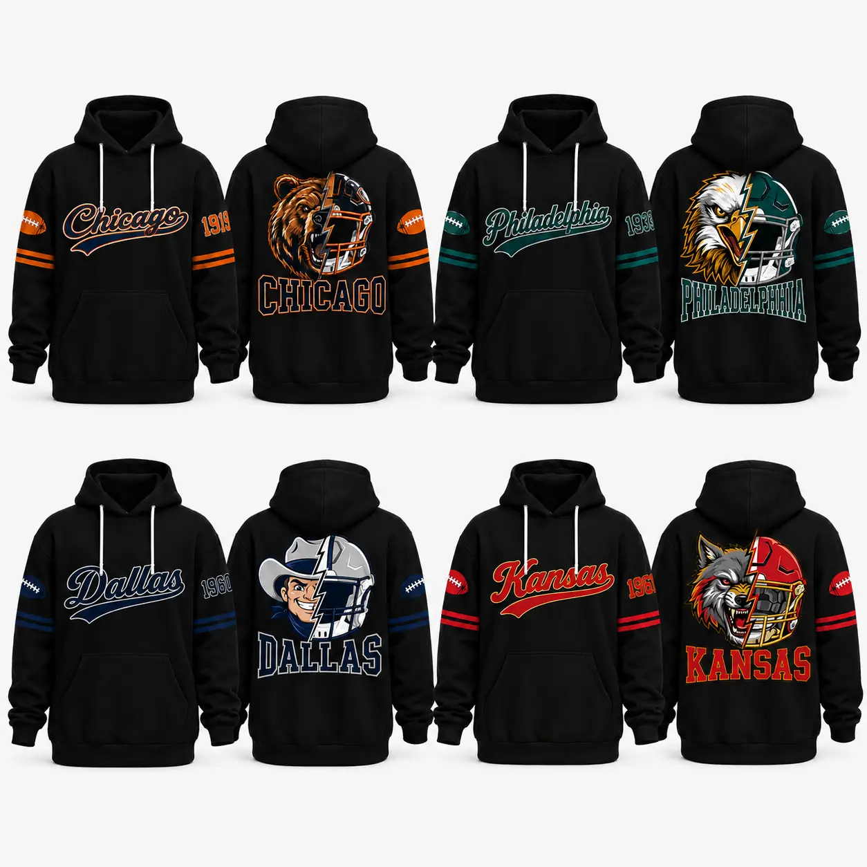 Retro City Football Mascot Graphic Hoodie With Front Pocket, Unisex Casual Hooded Sweatshirt for Daily Wear, Sports Fan Long Sleeve Top