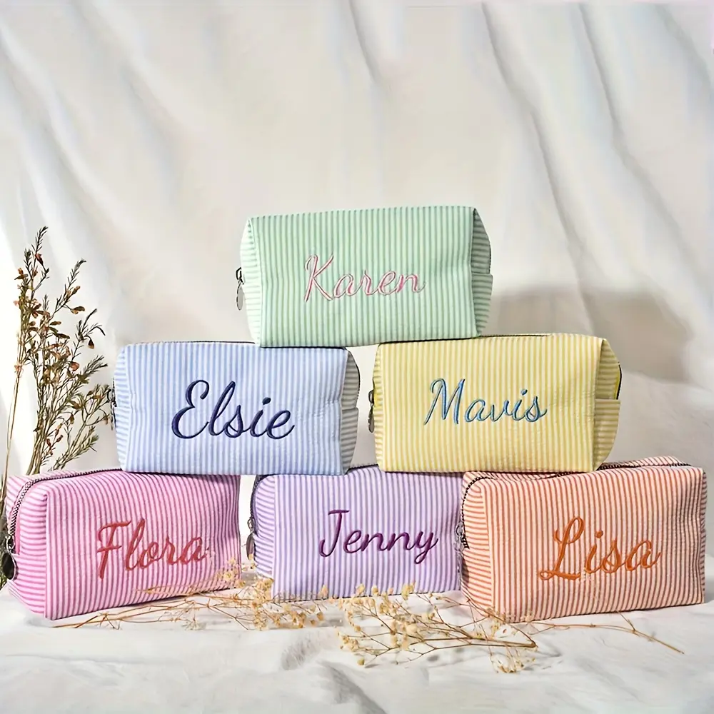 [Name Customization] Striped Travel Toiletry Bag, Zippered Makeup Bag - Personalized Name Embroidery, Portable Polyester Cosmetic Organizer, Suitable for Travel, School, Dormitory, Or Home Use