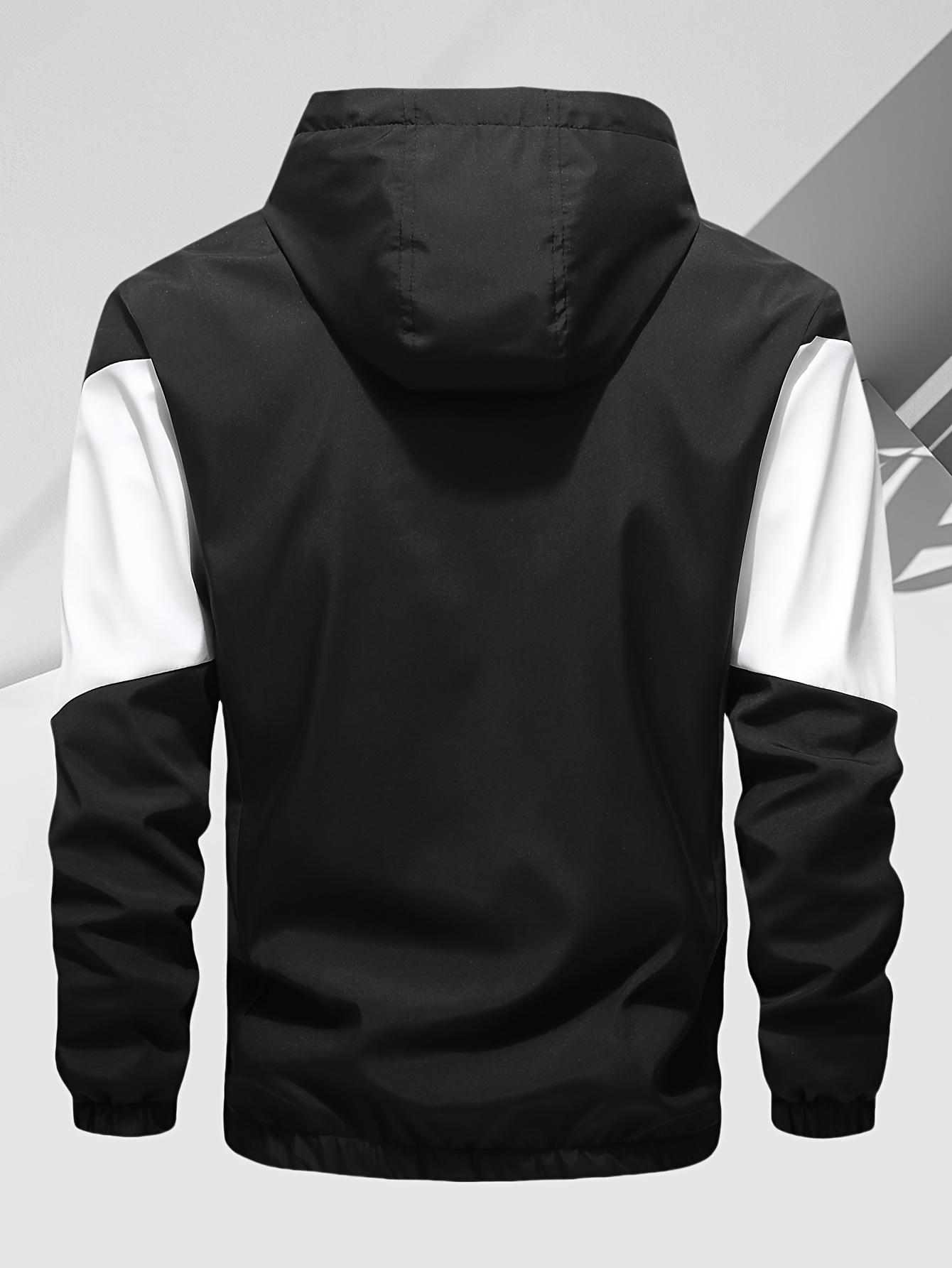 Men's casual two-piece set, stylish contrasting zipper hooded jacket, breathable solid color drawstring pants