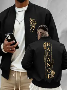 Men's Zip Up Bomber Jacket, Double Sided Heart Brain "BALANCE" Graphic Print Casual Lightweight Outerwear, Minimalist Streetwear Windproof Coat #BalanceGraphicJacket #DoublePrintBomber #MinimalistStreetwear #ZipUpOuterwear #TikTokMadeMeBuyIt