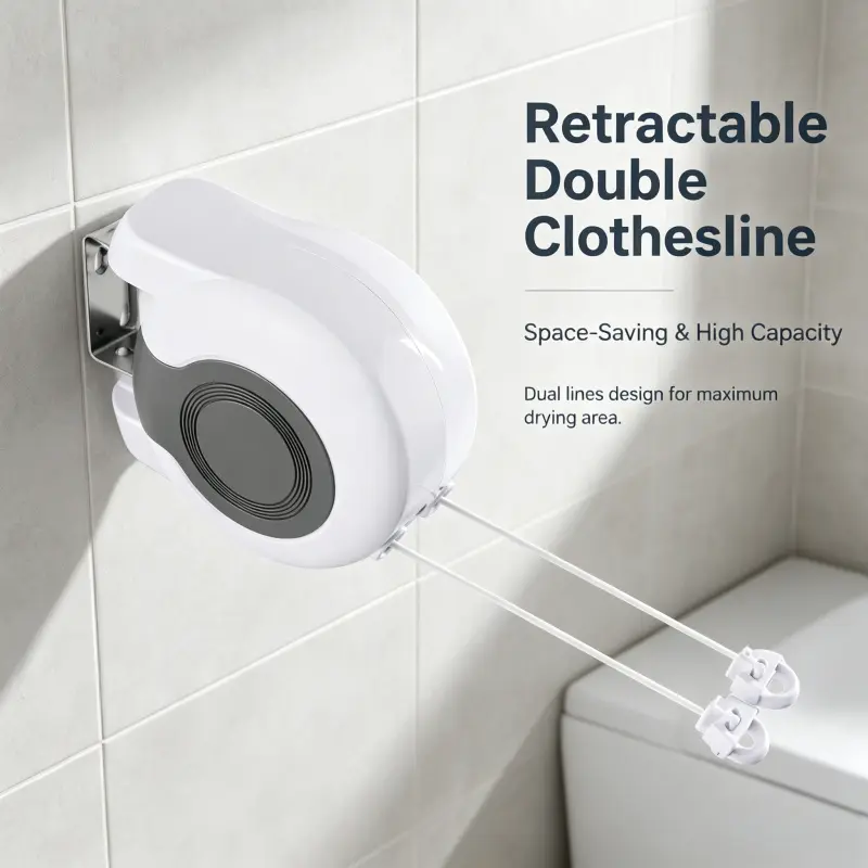Wall Mount Retractable Double Clothes Line Wall Mounted Clotheslines Large Drying Area Automatic Recoil Laundry Rope Compact Space Saving Home Drying Accessory