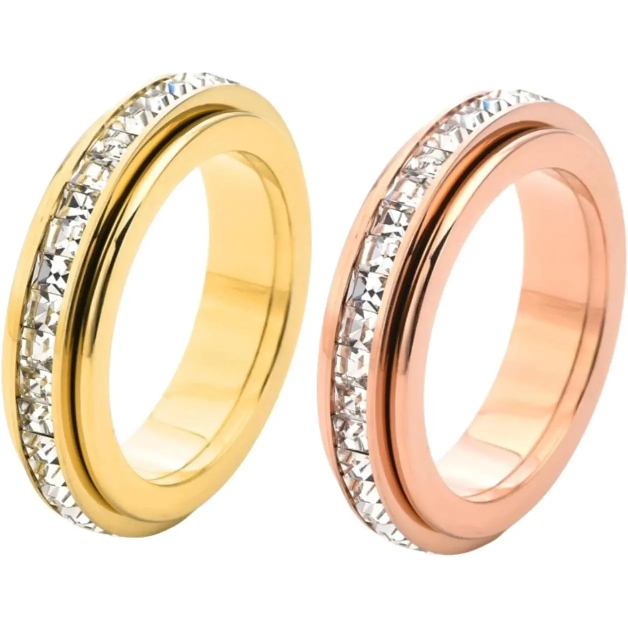 2/3 Set Exquisite 4mm Square Cubic Zirconia Titanium Steel Spindle Fingertip Spiral Rotatable Anxiety-Relief Ring for Men and Women Wedding Commitment Eternal Ring