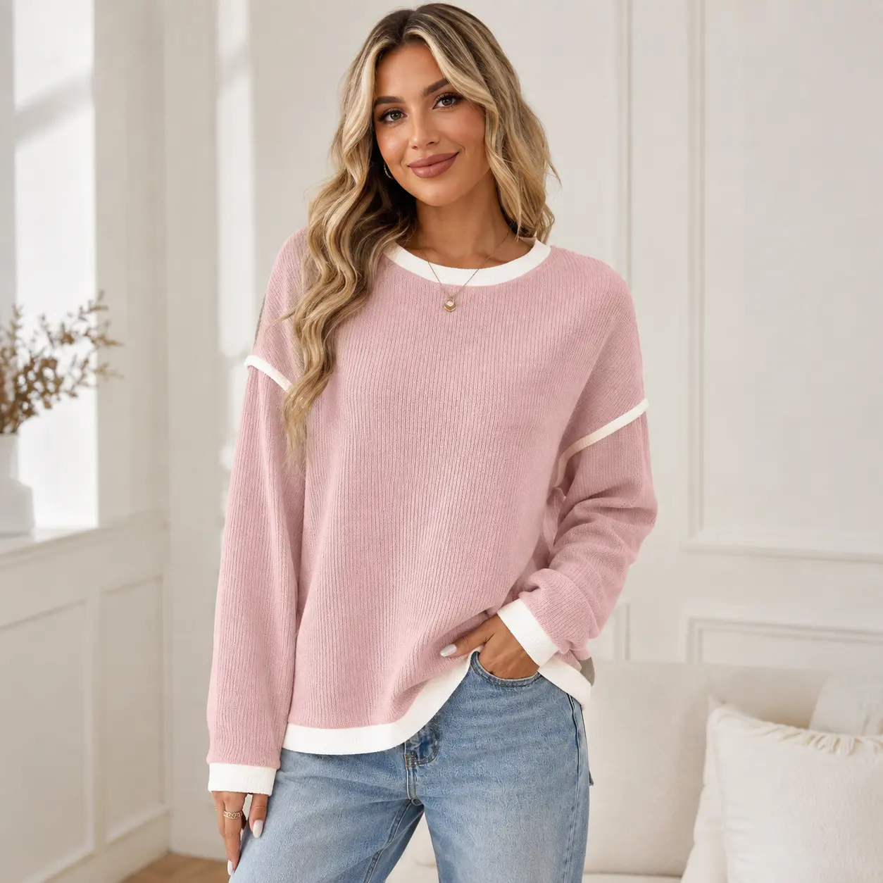 Women's Ribbed Knit Long Sleeve Top, Sweater-Inspired Crew Neck Pullover with Contrast Trim, Relaxed Fit Cute Fall Top, Soft Stretchy Casual Everyday Basic Top for Women, Trendy Women's Fall Clothing for Work, School, Travel and Daily Wear