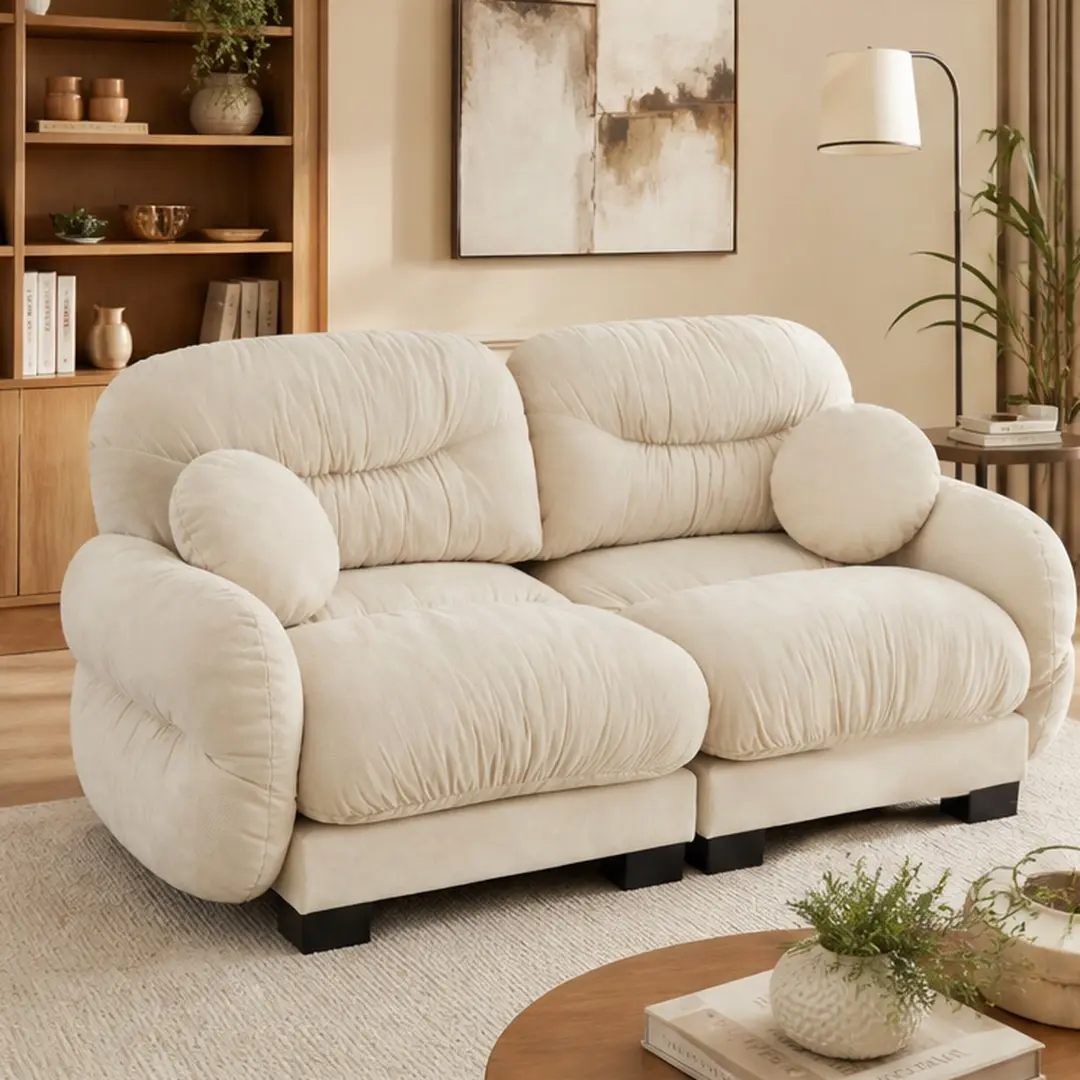 ARCH Modular L Shape Sectional Sofa with Ottoman, 2 Seater Chenille Couch with Pleated Design, High-Density Foam Seat, Curved Armrests, Round Throw Pillows, Beige Living Room Furniture Set, Beige Color Options, Chenille Material, 2 Seat Seat Count