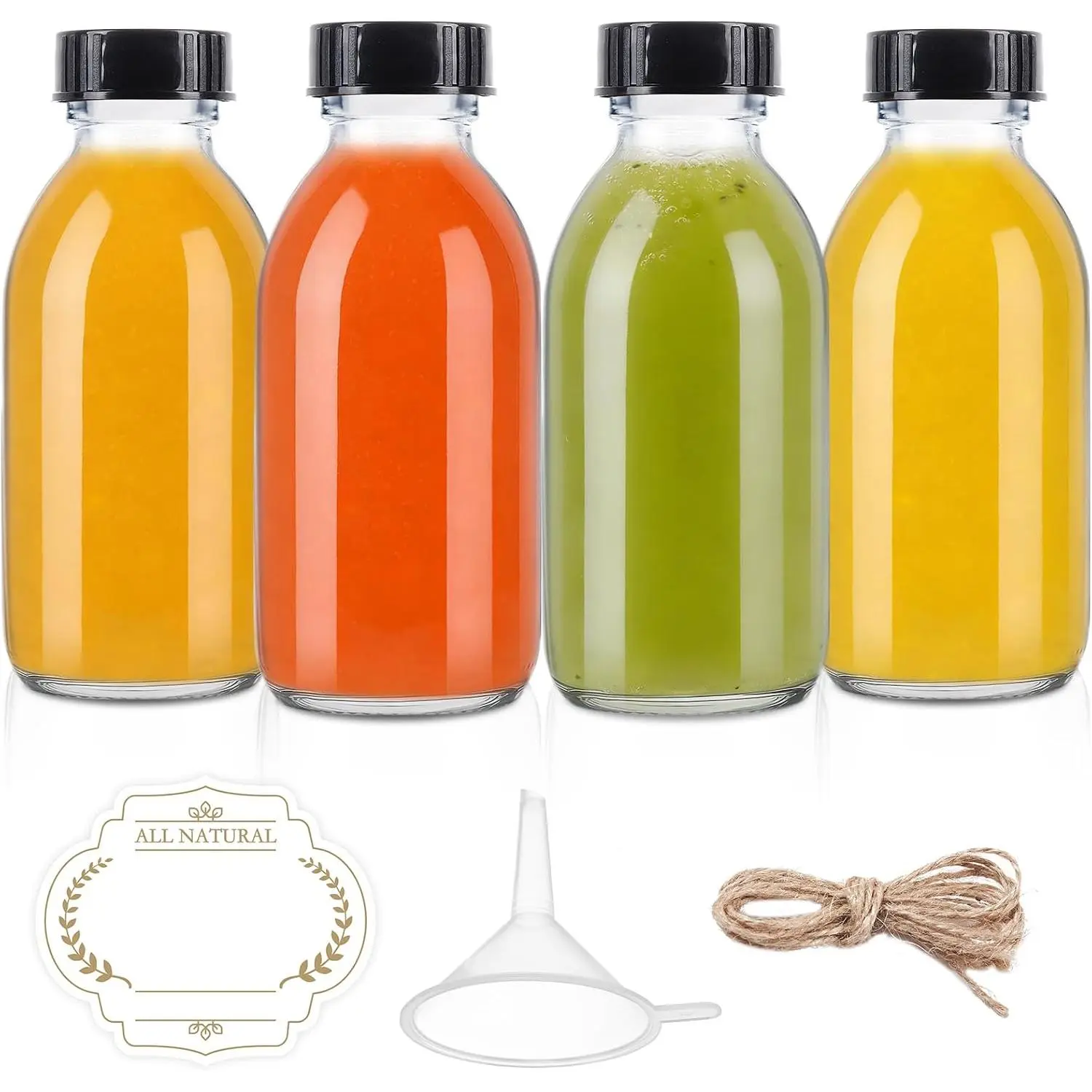 4 oz Small Glass bottles, 4 Pack Empty Clear Juice Glass Bottle | Empty Glass Bottles for Homemade Vanilla Extract, Essential Oils, Potion, Syrup, Liquids, Christmas, Holiday