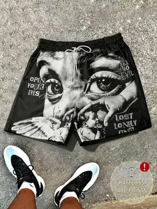 Men's Black Chicano Tattoo Eye Angel All Over Print Mesh Shorts, Streetwear Elastic Drawstring Casual Short Pants, Y2K Dark Gothic Aesthetic & Quick Dry Breathable Fabric, Versatile Daily Streetwear Summer Shorts for Men