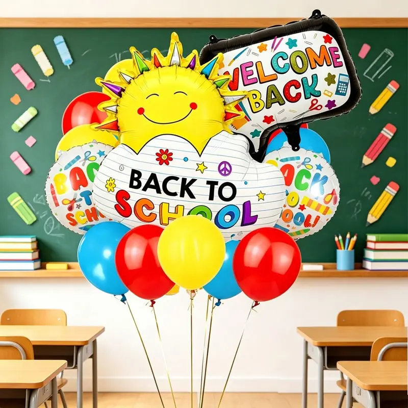 21-Piece Back-To-School Theme Aluminum Foil Balloon Set, Rainbow Cloud, Message Bubble, Round Balloons, Party Balloons, Ideal for school opening decorations, back-to-school themed parties