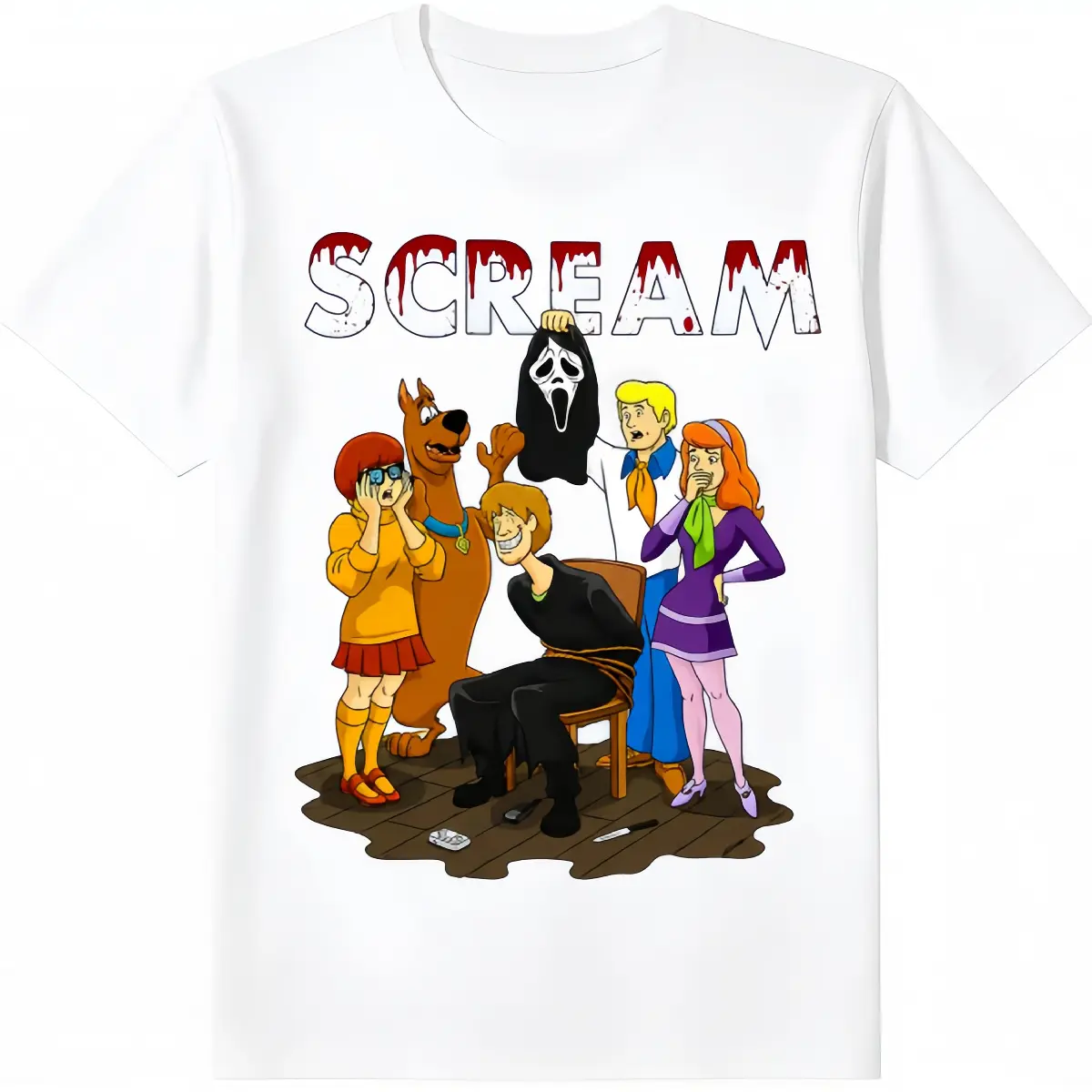 Unisex Classic Round Neck Horror Mask Cartoon Crossover Scream Letter Graphic Short-Sleeve Sports Top, Tops, Shortsleeve