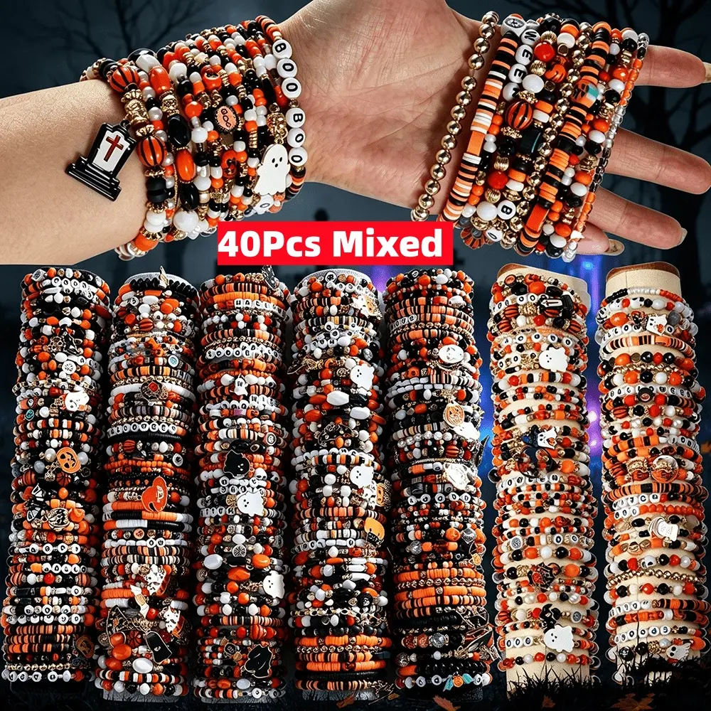 40Pcs Casual Halloween Bracelet Mixed Set - Ghost, Bat Charms, Unisex, Gift Ready for Holiday Celebrations, Halloween Things