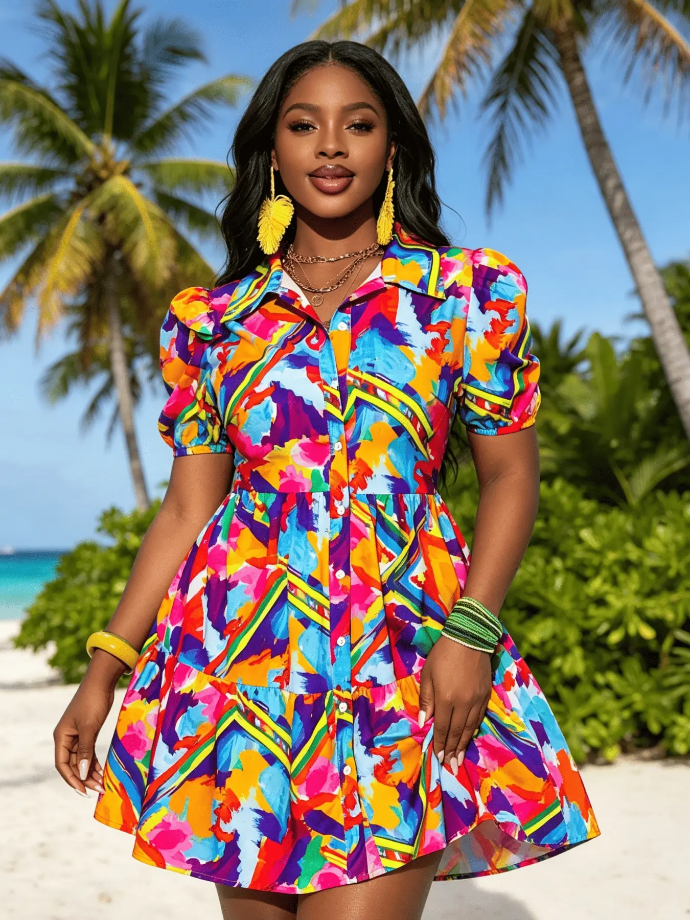 A fashionable and colorful graffiti printed vacation shirt dress for women, Summer, Beachy Style Dress, with refreshing short sleeves suitable for tropical climate, suitable for commuting, shopping, outdoor activities, indoor and outdoor wear