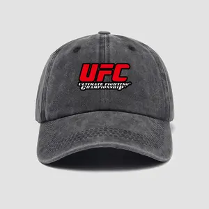 Retro Ultimate Fight Inspired Washed Gray Cap - Mineral Washed, Baseball Pattern, Bold Graphic, Fighter Logo, Graphic Character Hat for Mixed Martial Arts Fans, Baseball Pattern Hats, Graphic Character Hats