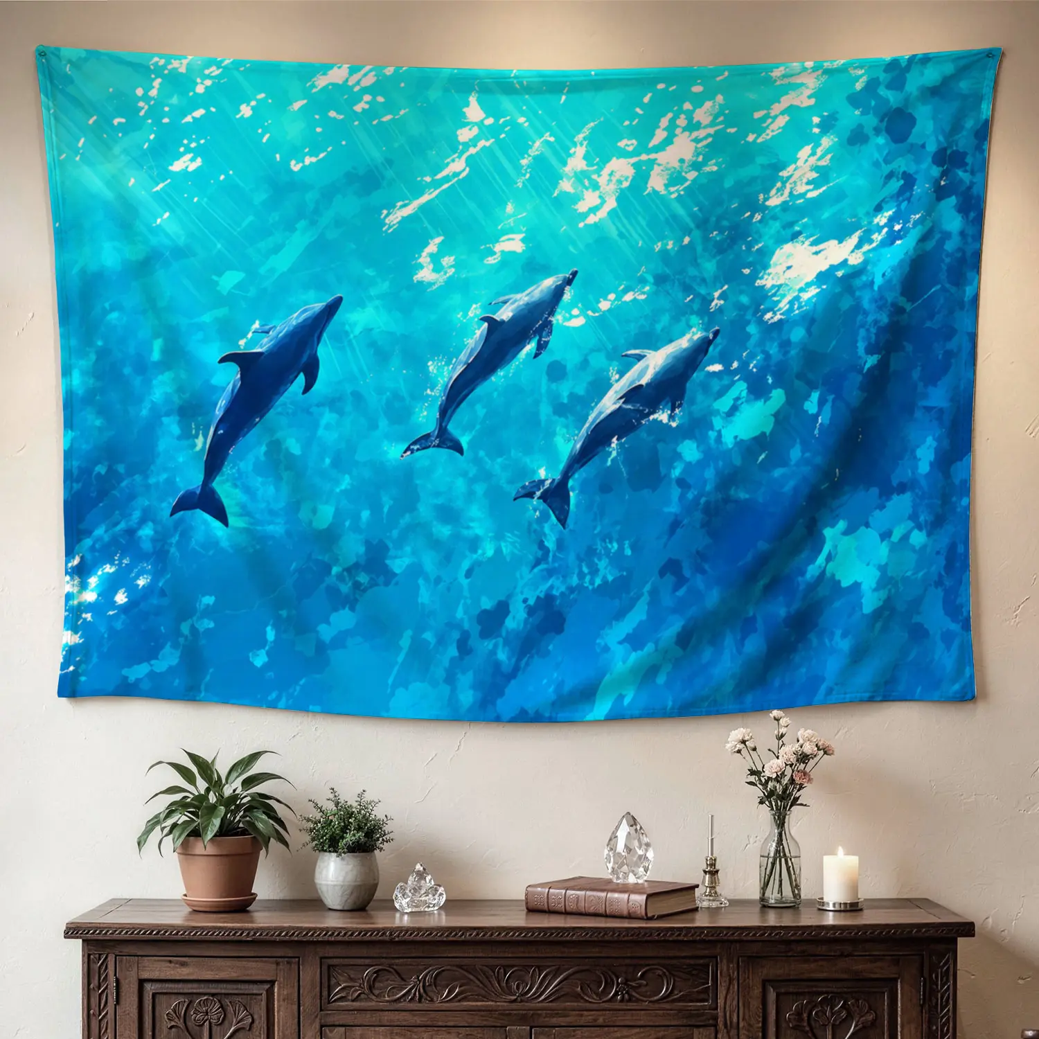 Blue Ocean Swimming Dolphins Polyester Wall Tapestry - Large Horizontal Whimsical Home Decor, Synthetic Fabric, Quick Drying, Easy to Clean, No Installation Needed, Indoor-Outdoor Art for Living Room, Family Gift, Polyester Fits Home Decor Needs, Wall Dec