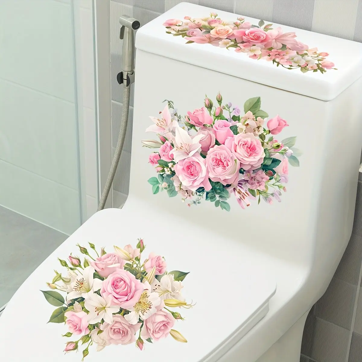 Rose Lily Toilet Sticker, Toilet Accessory, Restroom Accessories, Waterproof Self-Adhesive Bathroom Decorative Decal, Creative Floral Beauty Sticker for Bathroom