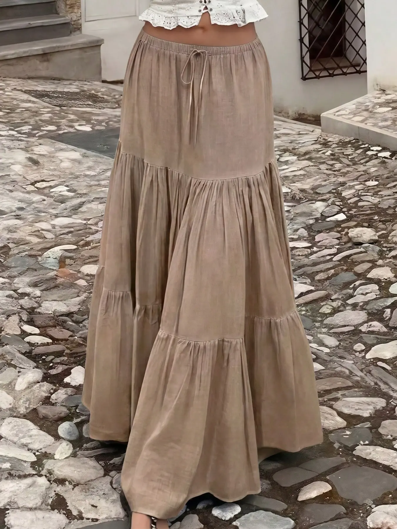 Women's Casual Skirt, Ruffled Hem, Layered Design, Long Loose Fit, Solid Color, Suitable for Spring and Autumn, Elegant Style