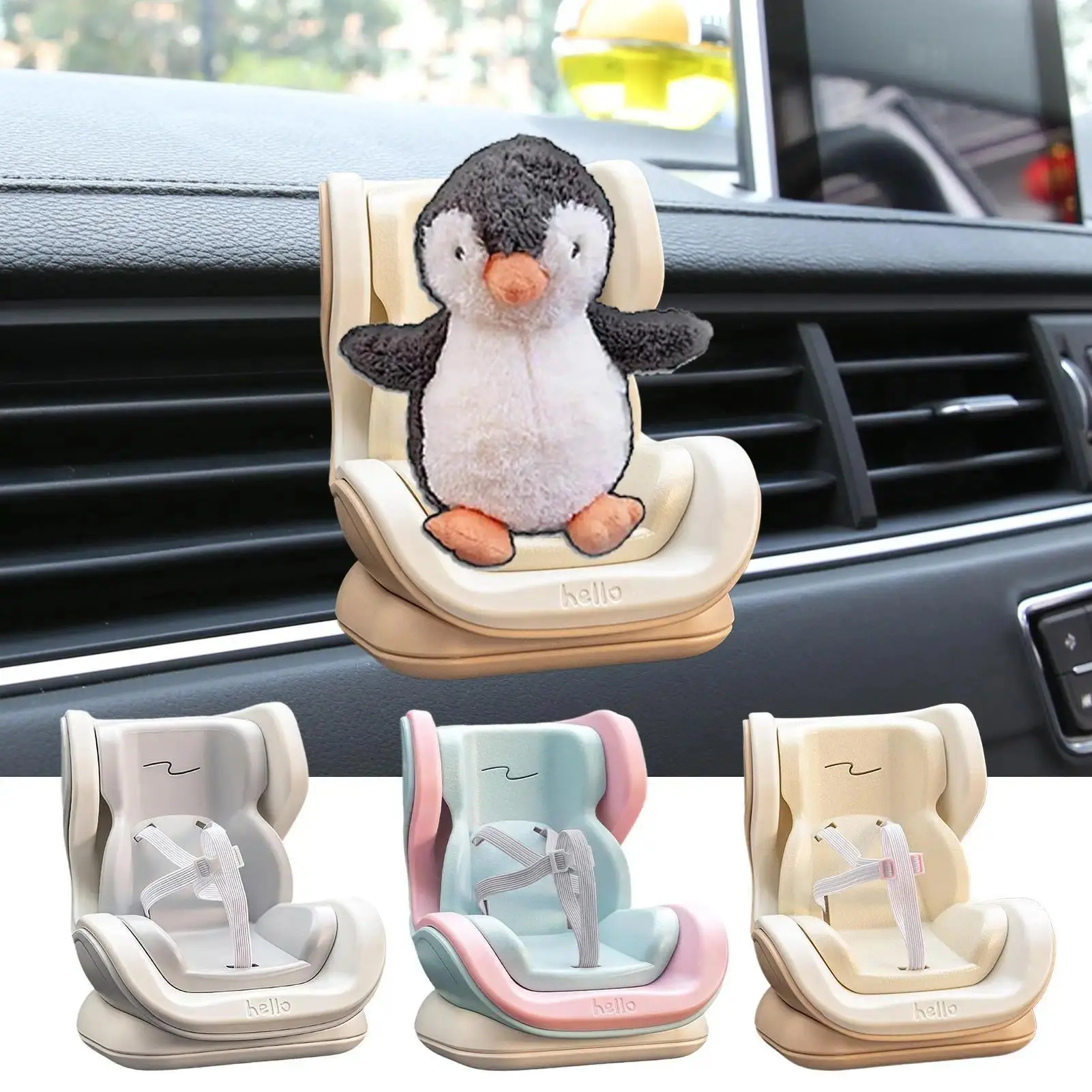 Doll Car Seat Plush Stuffed Toy - ABS Plastic Mini Safety Seat, 12x11x10cm, Fits 10-17cm Dolls, Cartoon Chair with Clamps, Cars/Trucks/Sedan Air Vent Accessory, Desk Ornament