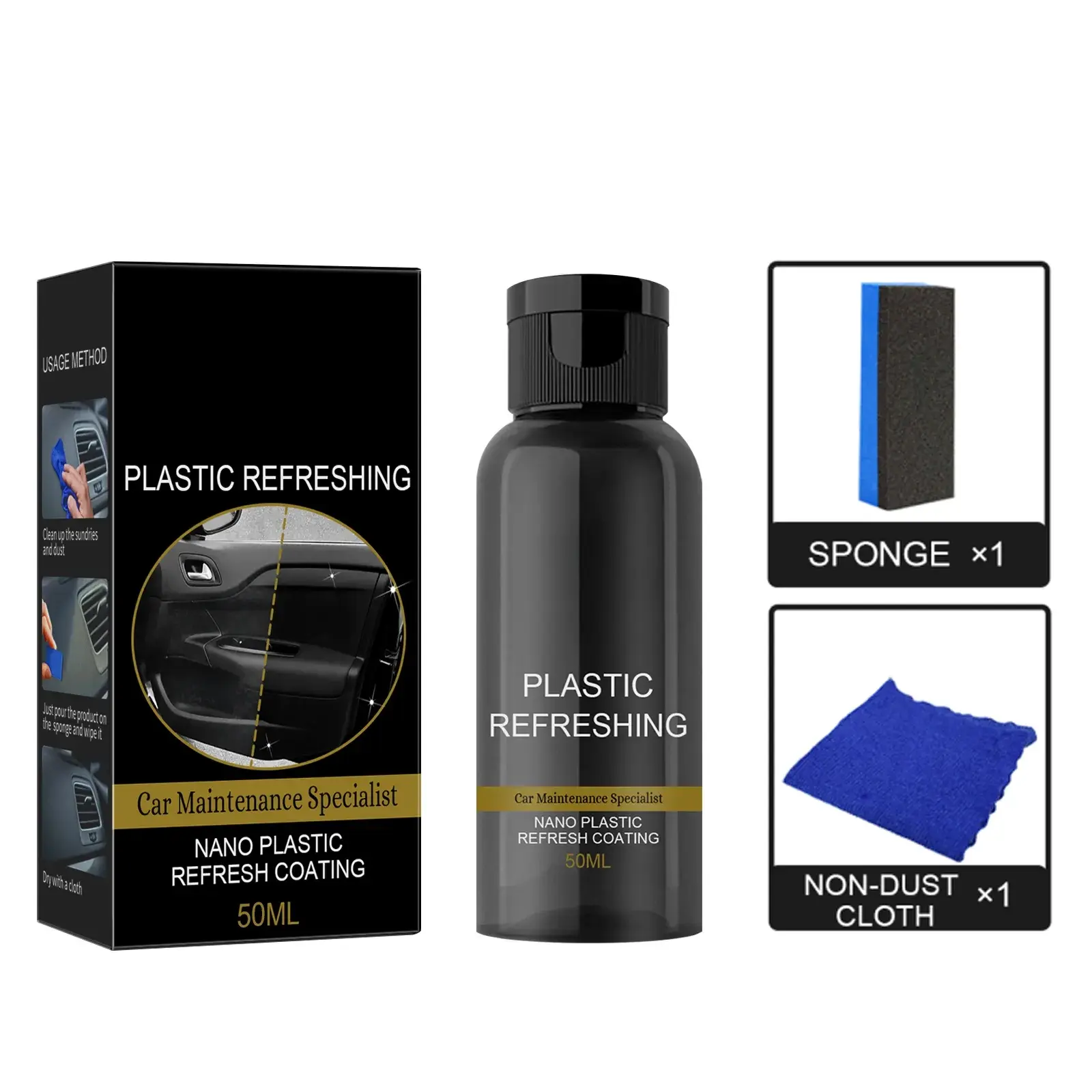 Automotive Dashboard Refurbisher (50ml Set) with Surfactant, Emulsion, Leveling Agent, Silicone Oil – Cars Plastic & Rubber Care Polishing Cleaner, Interior Clean, Whitening, Dust-Proof, Corrosion Reduction, Minimize Fading for Daily Interior Maintenance
