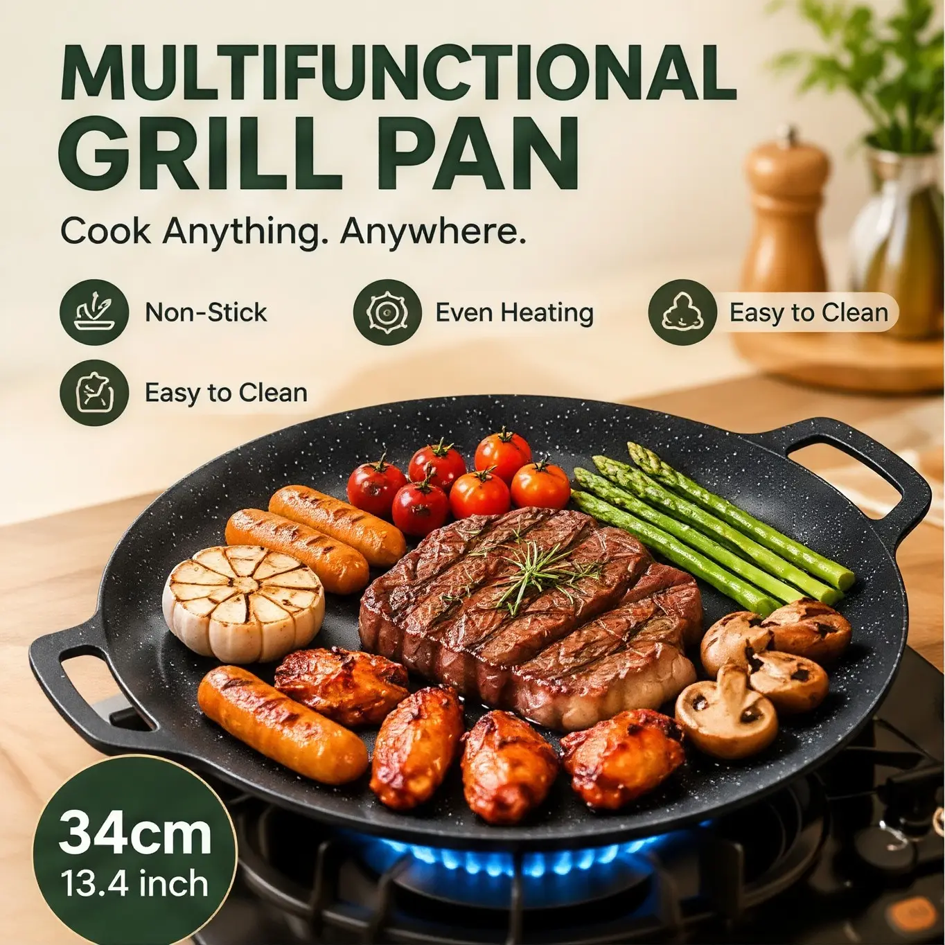 Multifunctional Maifan Stone Grill Pan Griddle Skillet Double Handle Non Stick Flat Grilling Plate Even Heating Easy Clean Frying Pan Cookware for Indoor Home Cooking Outdoor Camping Picnic BBQ Steak Fry Sear Barbecue 34cm