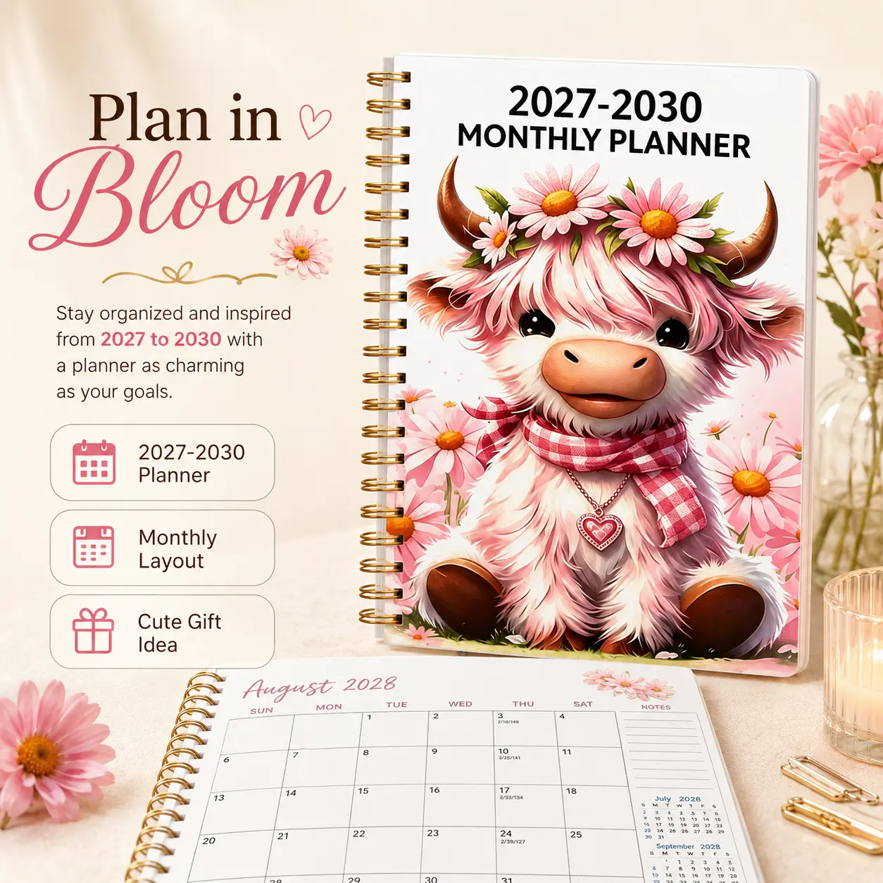 2027-2030 Calendar - From January 2027 to December 2030, 4-year calendar, cartoon Highland cow themed cover design, annual calendar planning, month labels, 48-month calendar, 13.97 cm X 21.08 cm, Planner Notebook, Monthly Planner, Yearly Planner