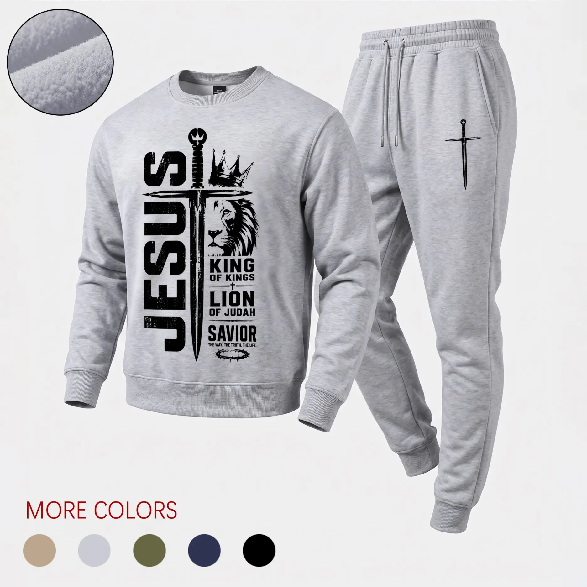 Men's King of Kings Jesus Graphic Tracksuit Set, Lion of Judah Cross Crewneck Sweatshirt with Drawstring Jogger Sweatpants, Casual Fall Winter Outfit for Daily Wear, Church, Lounge and Athleisure