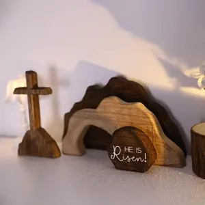 Empty Tomb Easter Scene and  Decoration Wooden  Nativity Christ Statue Christian Easter Tray Decor for  Office Tabletop