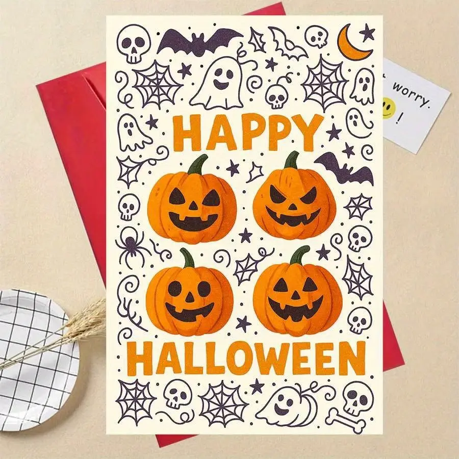 1pc Happy Halloween Greeting Card, Jack O Lanterns and Spooky Icons, Perfect for Friends Family, Party Invitations, Printed Design