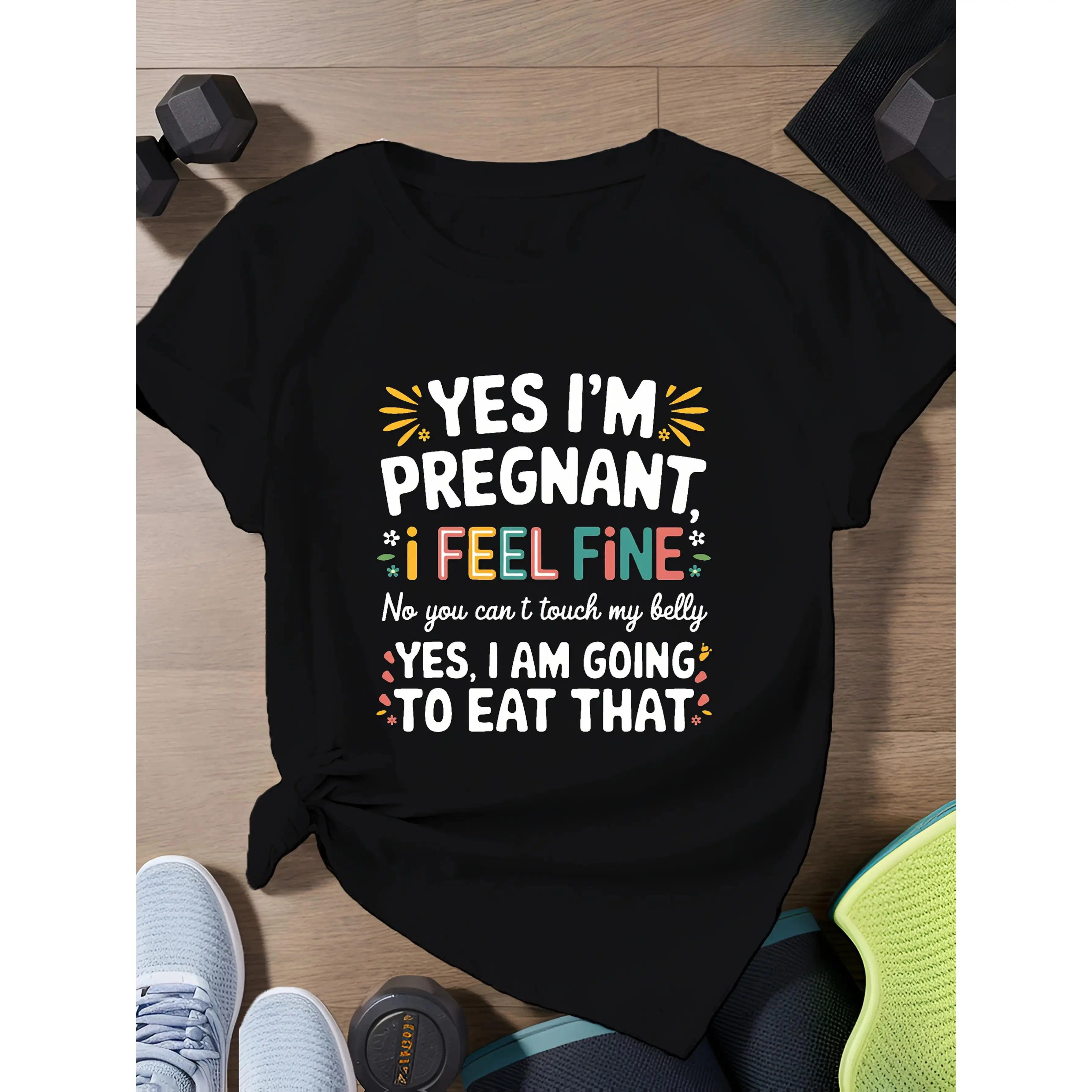 Maternity Yes, I'm Pregnant Graphic T-Shirt Humorous Maternity Top, Colorful Geometric Print, Soft Breathable Fabric, Casual Short Sleeve, Fashionable Maternity Wear, Lightweight Material, Pregnancy Announcement Design