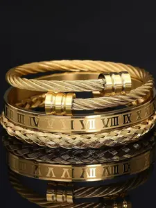 3Pcs Roman Numeral Criss Cross Braided Gold Bangle Set,Stainless Steel Adjustable Open Cuff Bangles Bracelets for Men Women,Couple Stackable Jewelry Birthday Gift Non Tarnish Gold Bangle