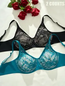 Women's Sheer Lace Underwire Bra, Full Coverage Floral Mesh Lingerie, Plus Size Adjustable Straps Fit, Casual Everyday All-Season Wear