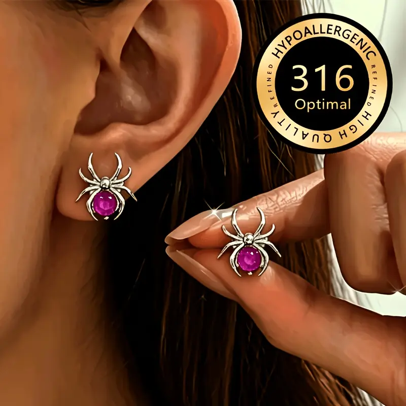 Rose Red Spider Y2K Spicy Girl Ear Studs, Stainless Steel Flat-Bottom Screw Cochlear Ear Studs (1 Pair)