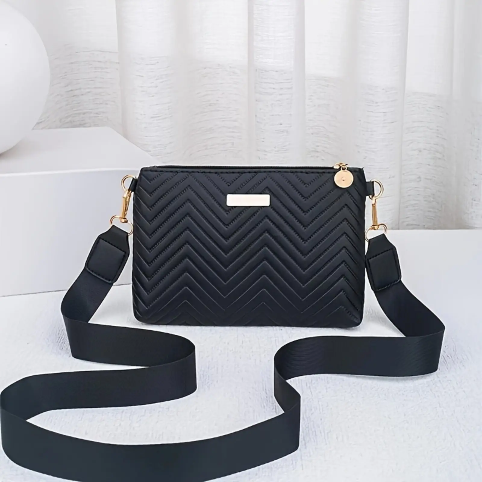 Chevron Quilted Faux Leather Crossbody Clutch for Women - Minimal Rectangle Shoulder Purse with Wide Strap, Lightweight Daily Carry Bag for Work, Office Use, Crossbody Bags For Women