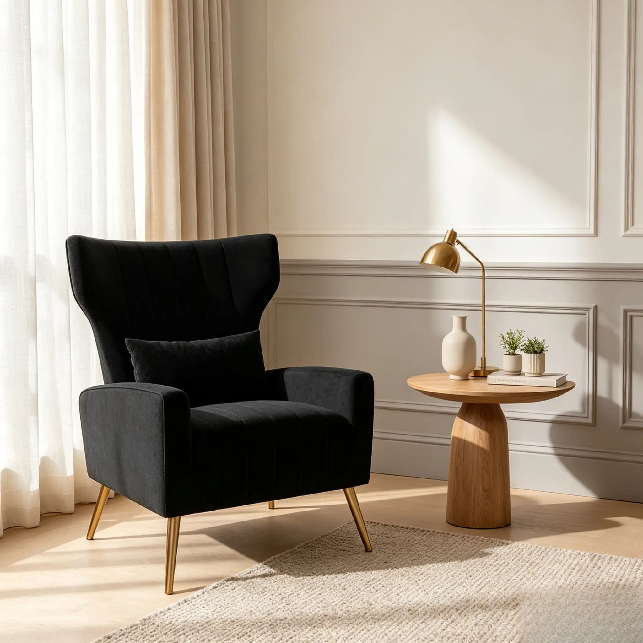 Single Person Modern Velvet Fabric High-Back Armchair - Upholstered Seat Leisure Recliner, Reading Chair with Lumbar Support and Golden Metal Legs, Ideal for Living Rooms, Bedrooms
