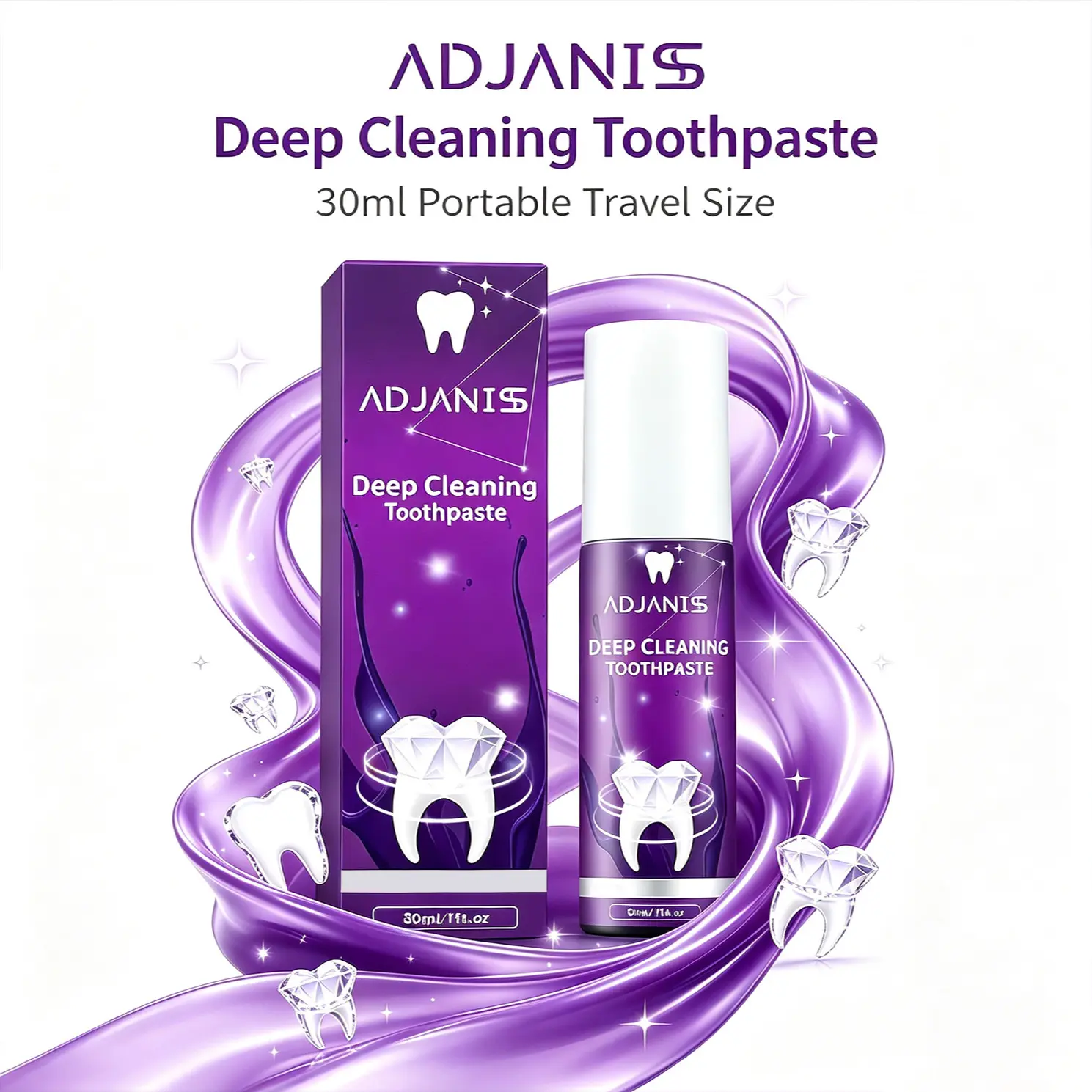 ADJANISS Purple Deep-Cleansing Toothpaste, Teeth-Whitening, Color-Correcting and Stain Removal Toothpaste, Deep-Cleansing Formula, for Yellow Teeth, 30 mL
