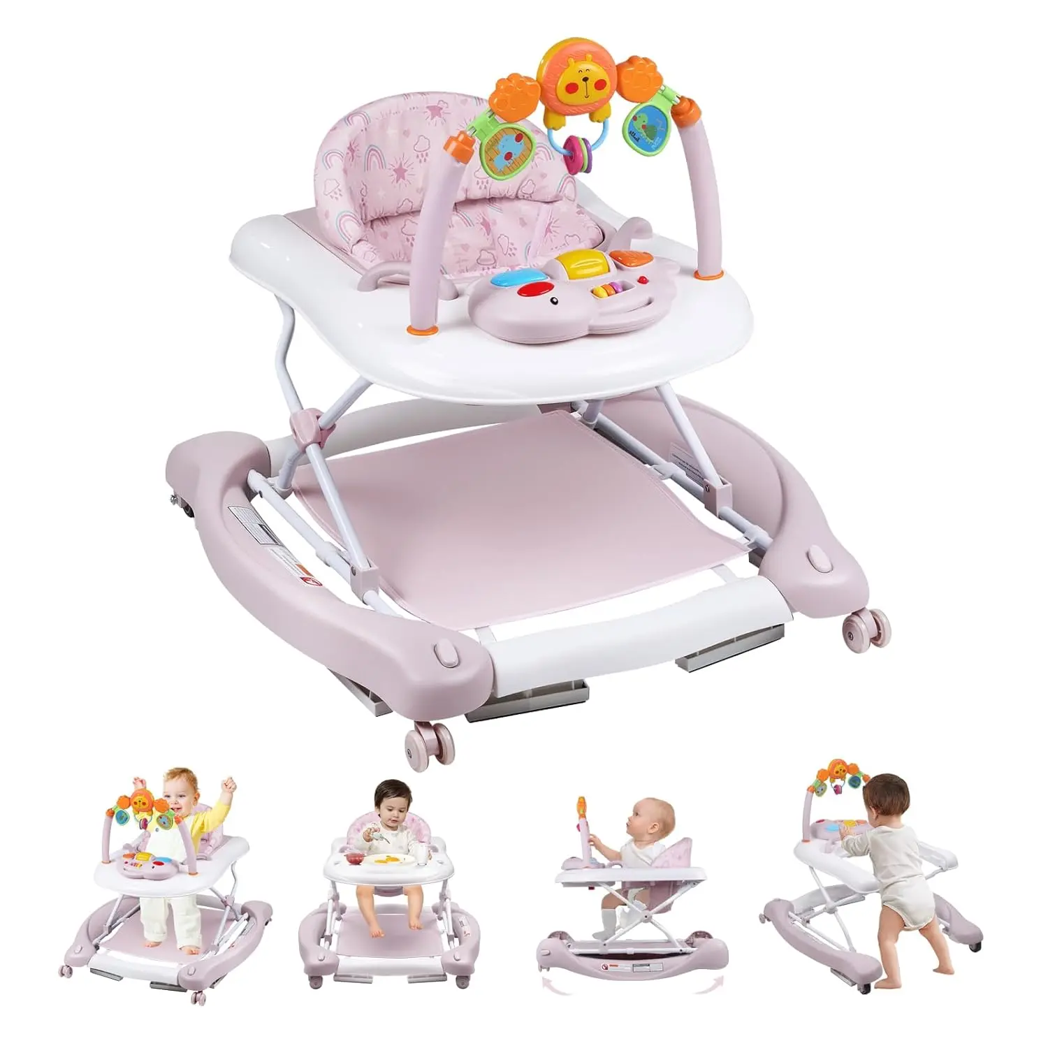 Baby Walker, 5 in 1 Baby Walkers  Boys Girls 6-12 Months, Foldable Walkers  Babies with Bouncer & Feeding Tray, Music, Adjustable Heights, Activity Walker  Infant