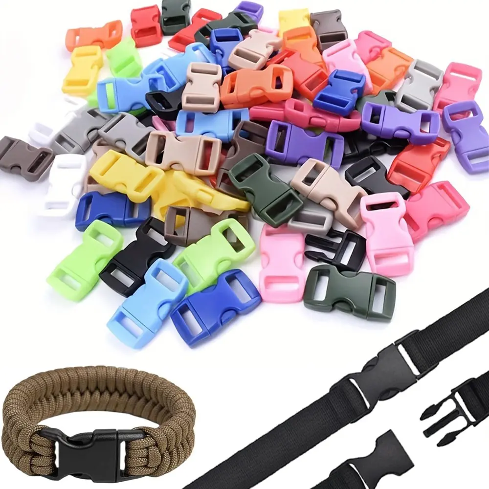50pcs Mixed Color 3/8" Curve Contoured Side Release Buckles, Assorted Paracord Bracelet & Pet Collar Strap Webbing Sewing Accessories for Parachute 550 Cord