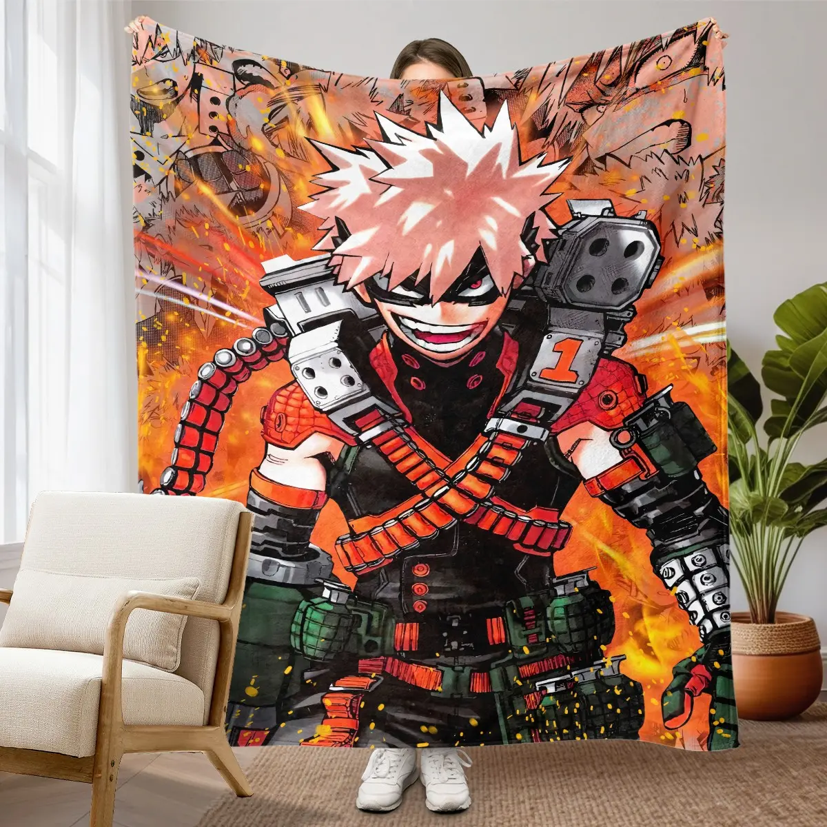 1pc My Hero Academia Bakugo Katsuki Anime Themed Fleece Blanket, Hot-Blooded Character Art Print With Flame Comic Background, Soft Warm Cozy Nap Throw for Sofa, Bed, Office, Shawl, Camping Trip, Ideal for Christmas Gift