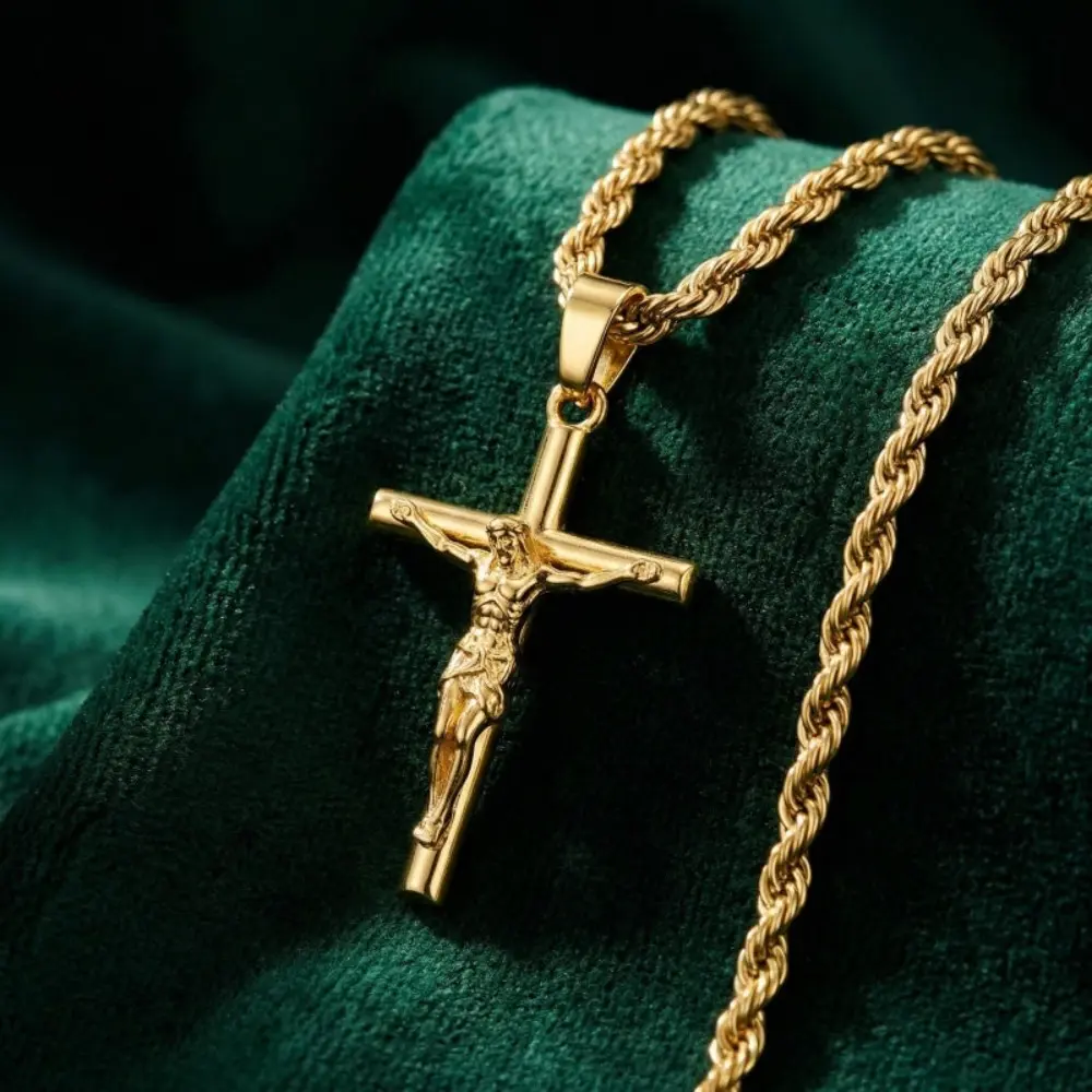 14K Gold Filled Jesus Crucifix Pendant Necklace - Stainless Steel, Classic, Spiritual Jewelry for Men, Comfortable Fit Daily Wear, Birthday Gift for Adults