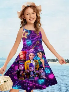 Girls' Korean Style Summer Strapless Dress, Neon Graffiti Girl Group Print Casual Vacation Sleeveless Dress, 3D Creative Print Dress
