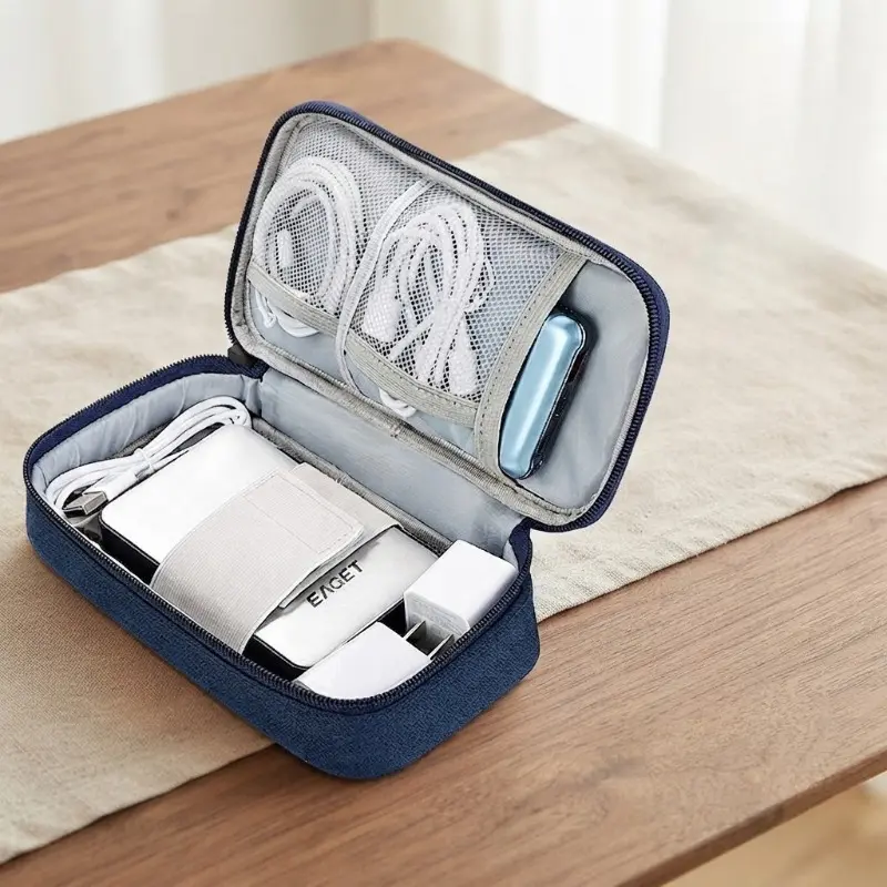 Tech-Style Light Grey Electronic Travel Organizer Bag, Travel Pouches with Nylon Shoulder Bag Design, Cable Storage Slot, Hard Drive Slot, Zippered Pockets for Power Banks, Chargers, Data Cables (Portable Carry-On Solution)