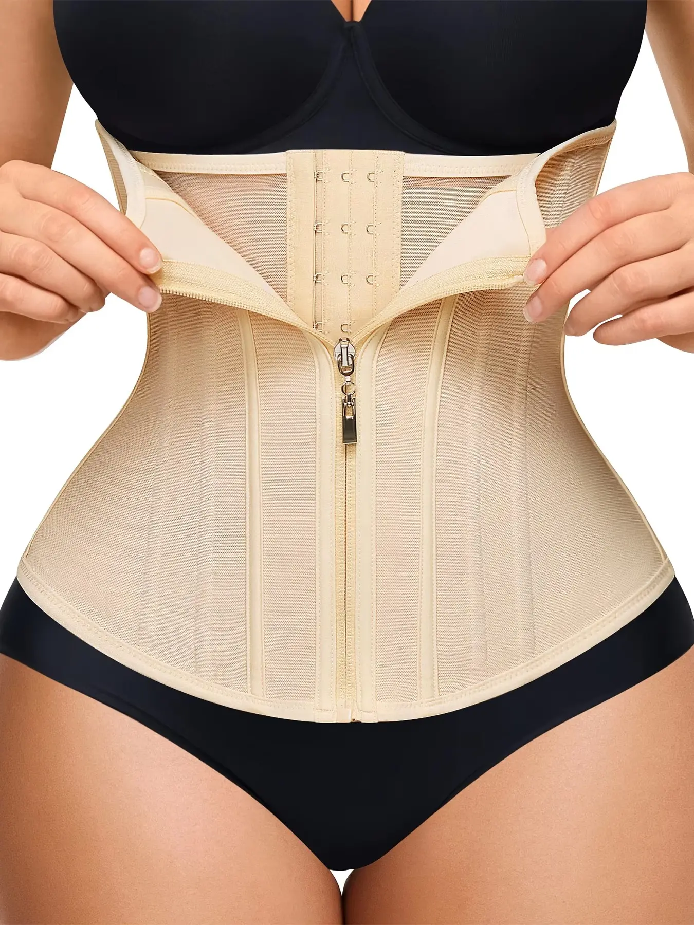 Women's Mesh Double Layer Waist Cincher with Metal Zipper, Adjustable 3 Row Buckles, 11 Steel Bones Support, Front Chest Lifted Corset Style Shapewear Belt