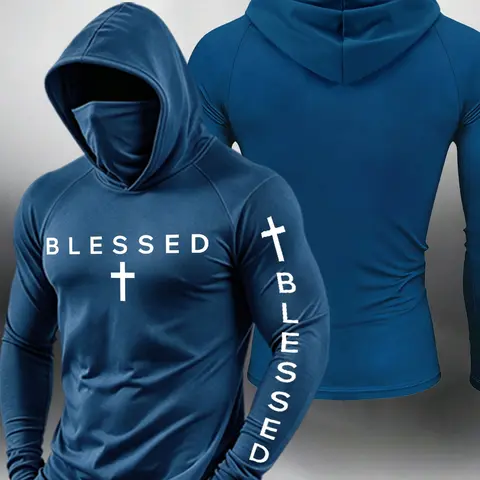 【Black Friday】Men's "Blessed" Cross Print Slim-Fit Hoodie, Letter Graphic Long Sleeve Athletic Hooded Top, Faith-Based Urban Gym Streetwear Pullover