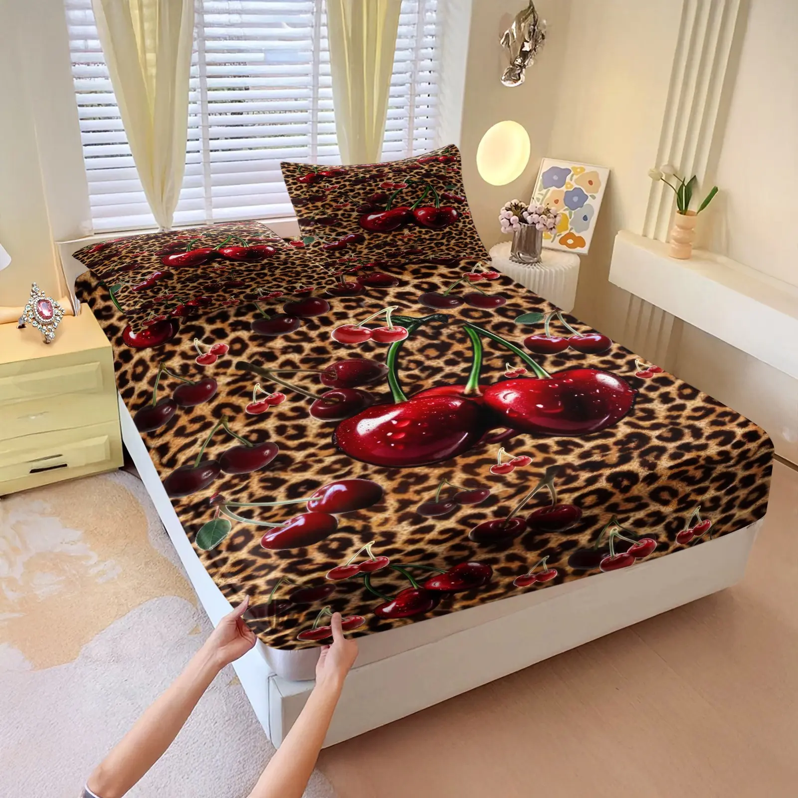3pcs Leopard Print Cherry Themed Fitted Sheet Set, Bed Sheets Set, 1 Fitted Sheet + 2 Pillowcases, Pillow Inserts Not Included, Soft Microfiber Fabric, Deep Binding Design, Machine Washable