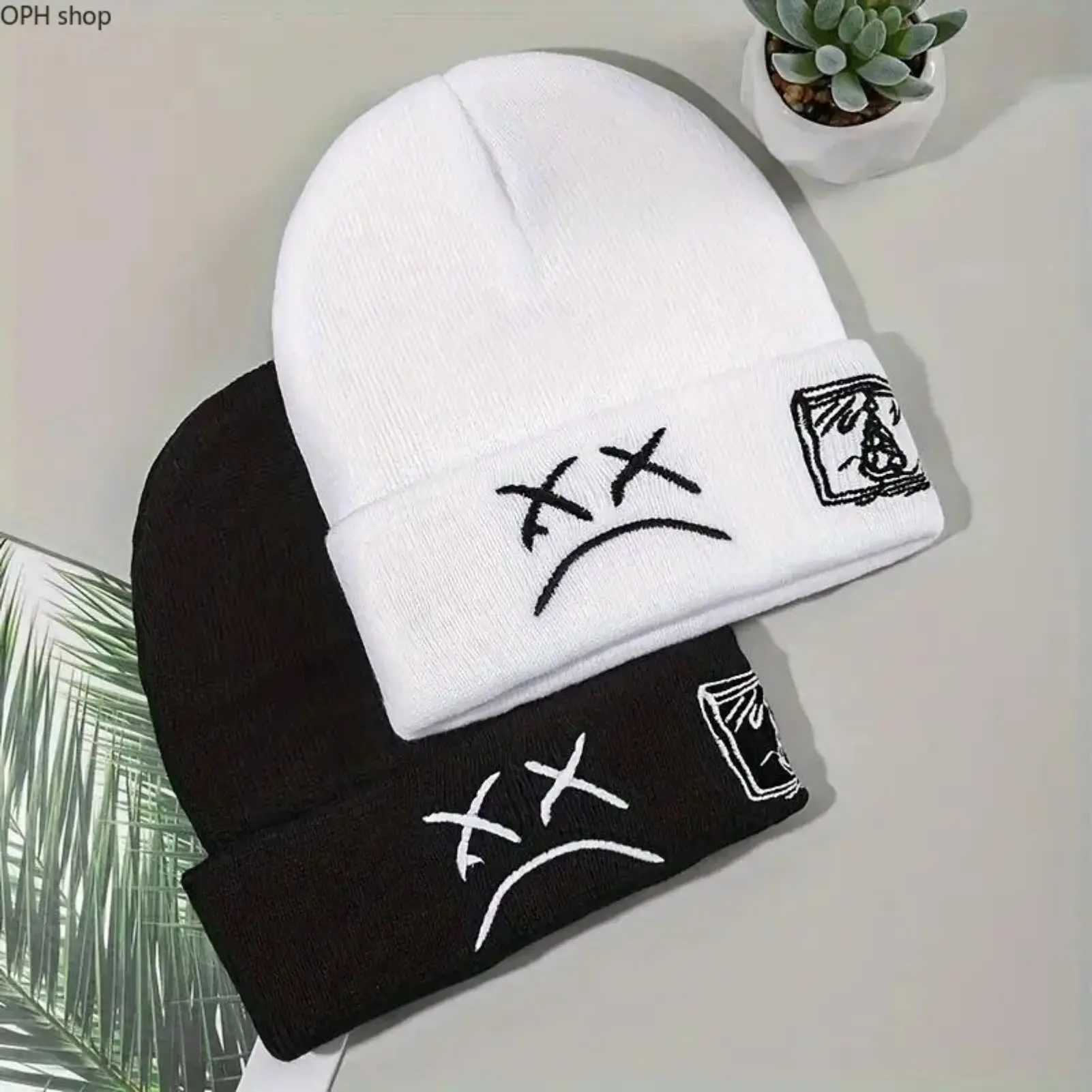 Unisex Sad Face Embroidered Cuffed Knit Beanie - Warm, Soft, Stretch Hip Hop Streetwear Y2K Hat for Men & Women, Autumn Winter Outdoor Ski Accessory