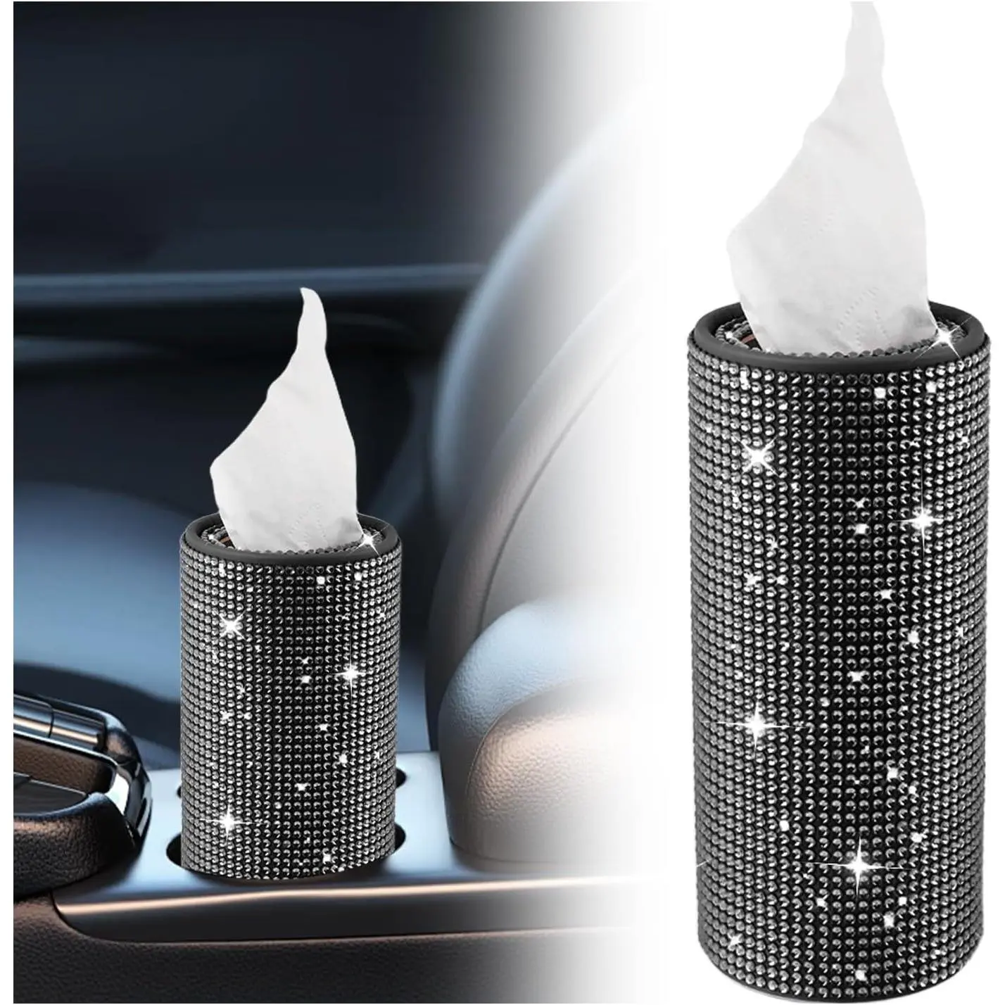 Bling  Tissue Holder for Cup Holder,Rhinestone Travel  Tissue Box(30 Tissues/3-ply), Cylinder Tissues Dispenser for  Interior Decor as  for Women (Black)