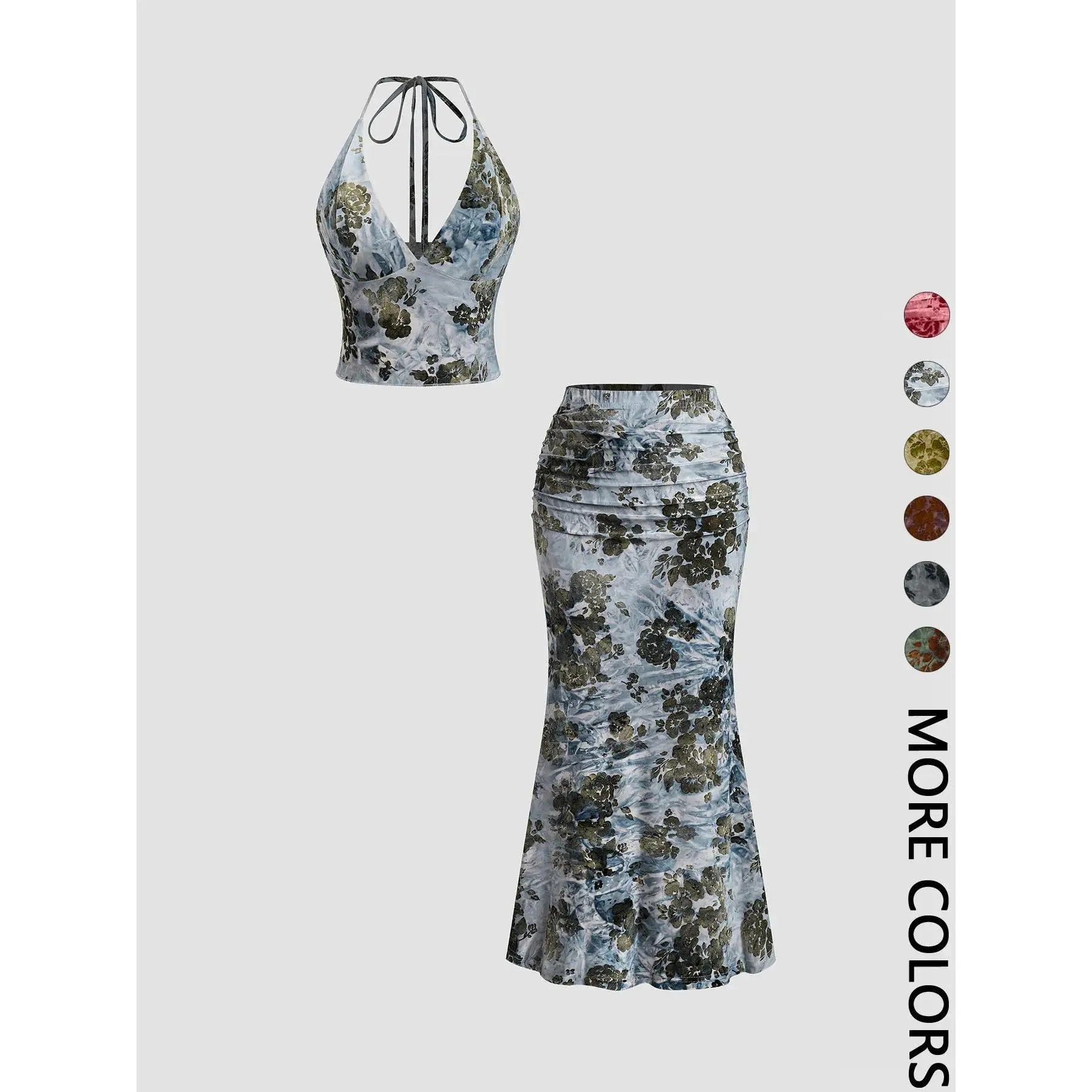 Women’s Floral Crop Top and Fishtail Skirt Set, Deep V Neck Sexy Two Piece Outfit, All-Over Print School and Party Fashion