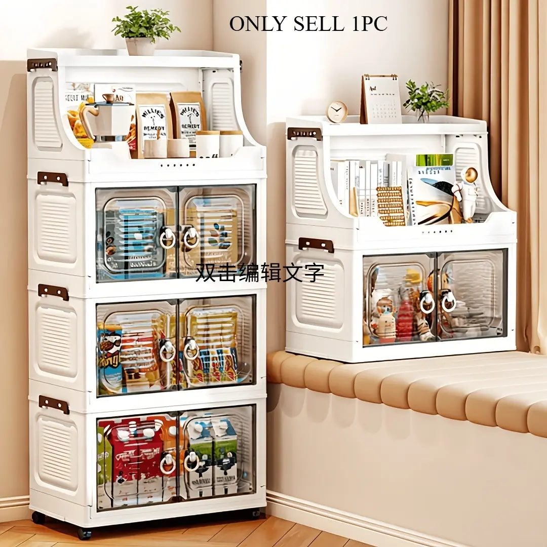 3/4/5/6 layer foldable stacking storage cabinet with wheels, multifunctional storage rack, transparent magnetic door, slim roller storage cart, suitable for small spaces, bathrooms, kitchens, laundry rooms