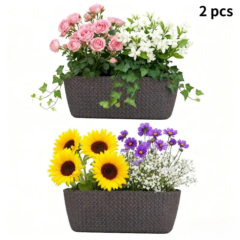 2-Pack 11.8" Rattan Window Box Planter – Indoor/Outdoor Use, with Drainage Holes, Sturdy Wicker Design for Balcony, Fence, Patio & Garden Decor