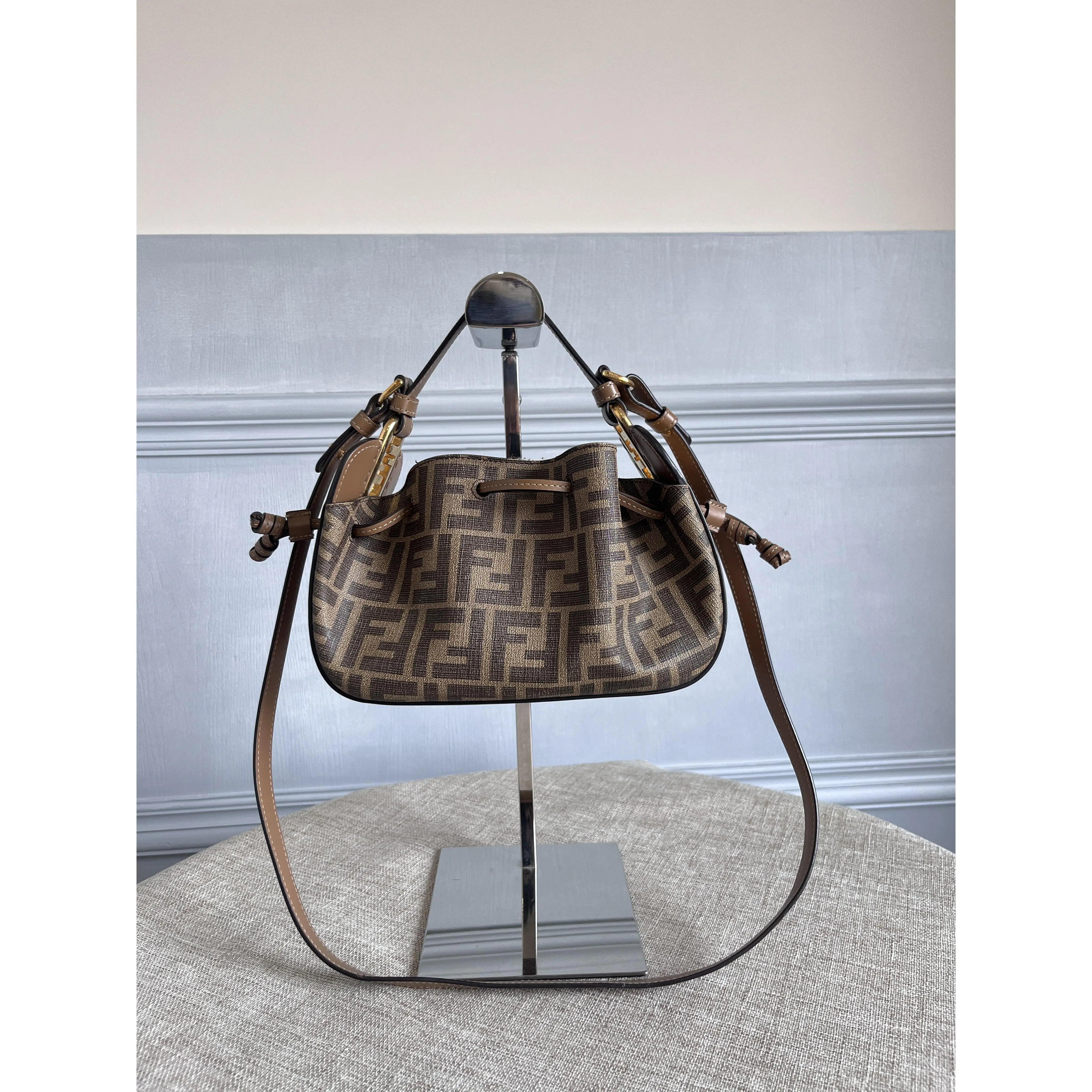 Pre-owned FENDI Zucca FF Monogram Mini Drawstring Pouch Bag Leather Crossbody Handbag