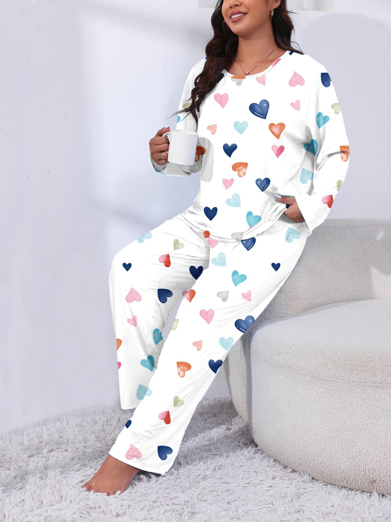 Plus Size Two-Piece Heart Print Pajama Set, Casual Long Sleeve Tee & Pants, Women's Plus Sleepwear & Homewear for Spring & Fall