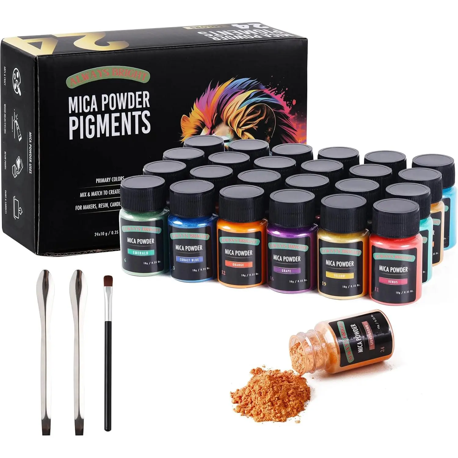 Natural Mica Powder s, 24 Colors, 10g Bottles, for Resin, Soap, Candle, Crafts